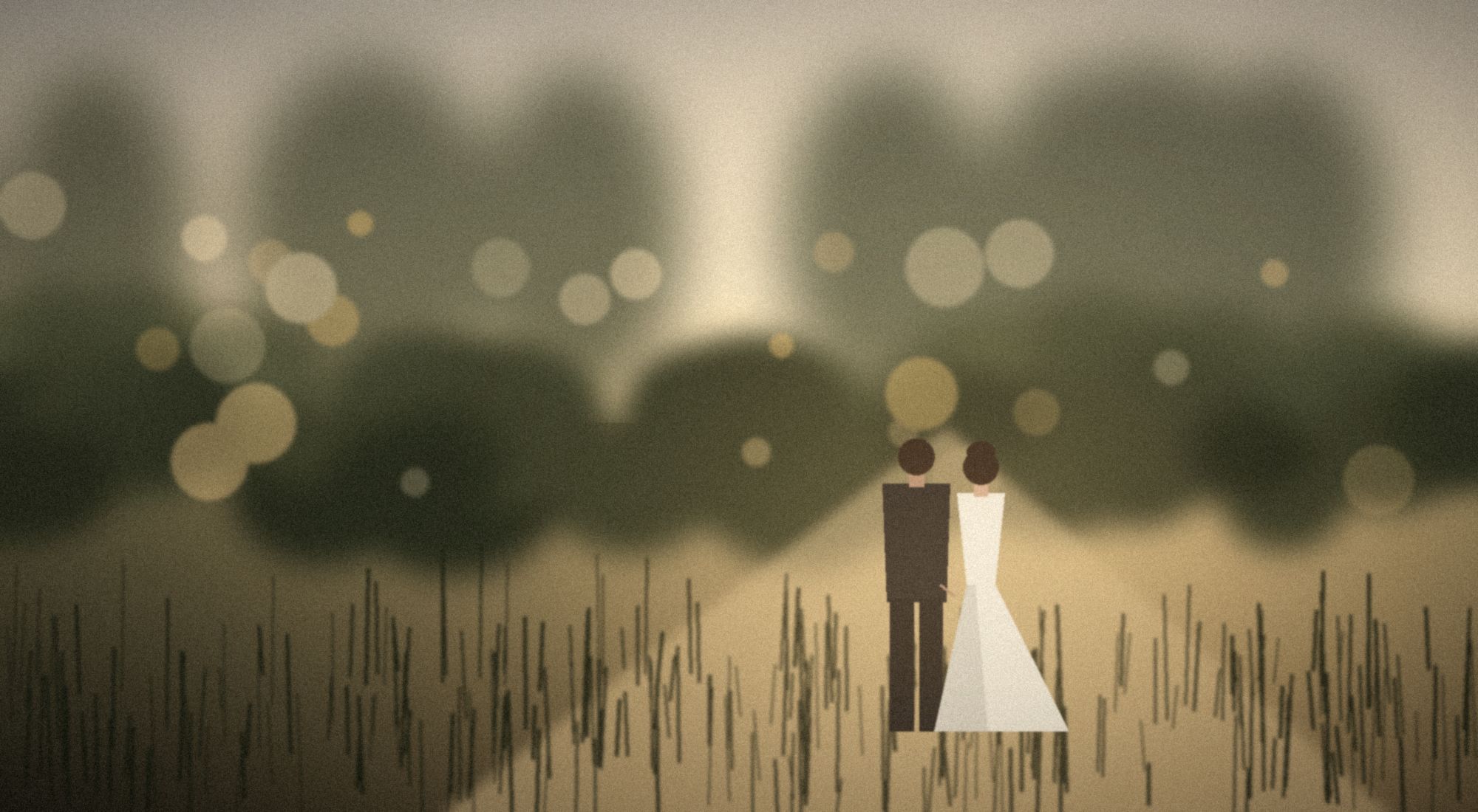 Una pareja camina de espaldas por un sendero de jardín al final de la tarde; la luz dorada atraviesa los árboles.
