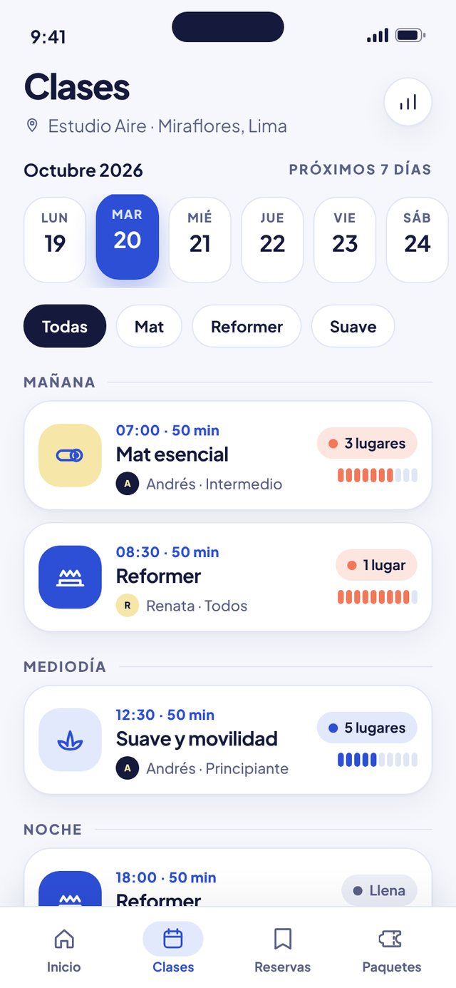 Pantalla «Clases» de la app Aire. Día, tipo de clase y horarios por momento del día.