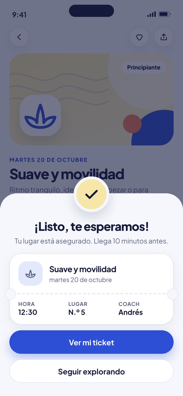 Pantalla «Confirmación» de la app Aire. Un ticket con lo esencial y un cierre amable.