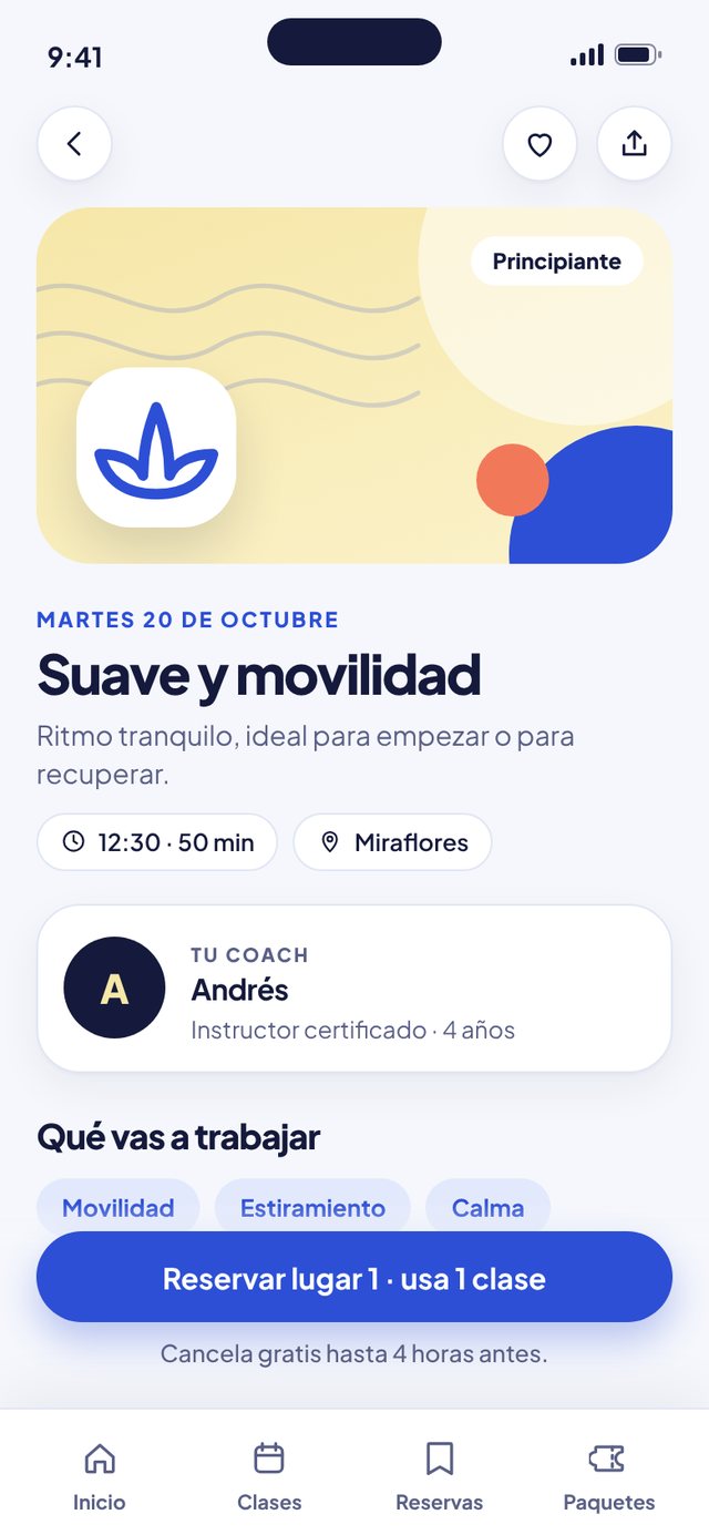 Pantalla «Detalle» de la app Aire. Coach, objetivos de la clase y datos claros.