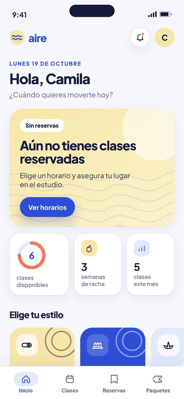 Pantalla «Inicio» de la app Aire. Saludo, saldo, racha y los estilos de clase de un vistazo.