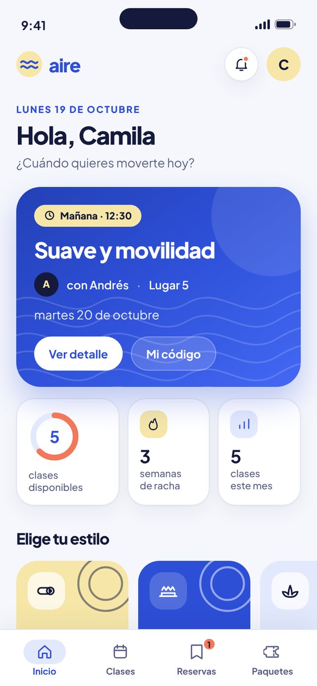 Pantalla «Con una reserva» de la app Aire. La próxima clase pasa a ser protagonista del inicio.