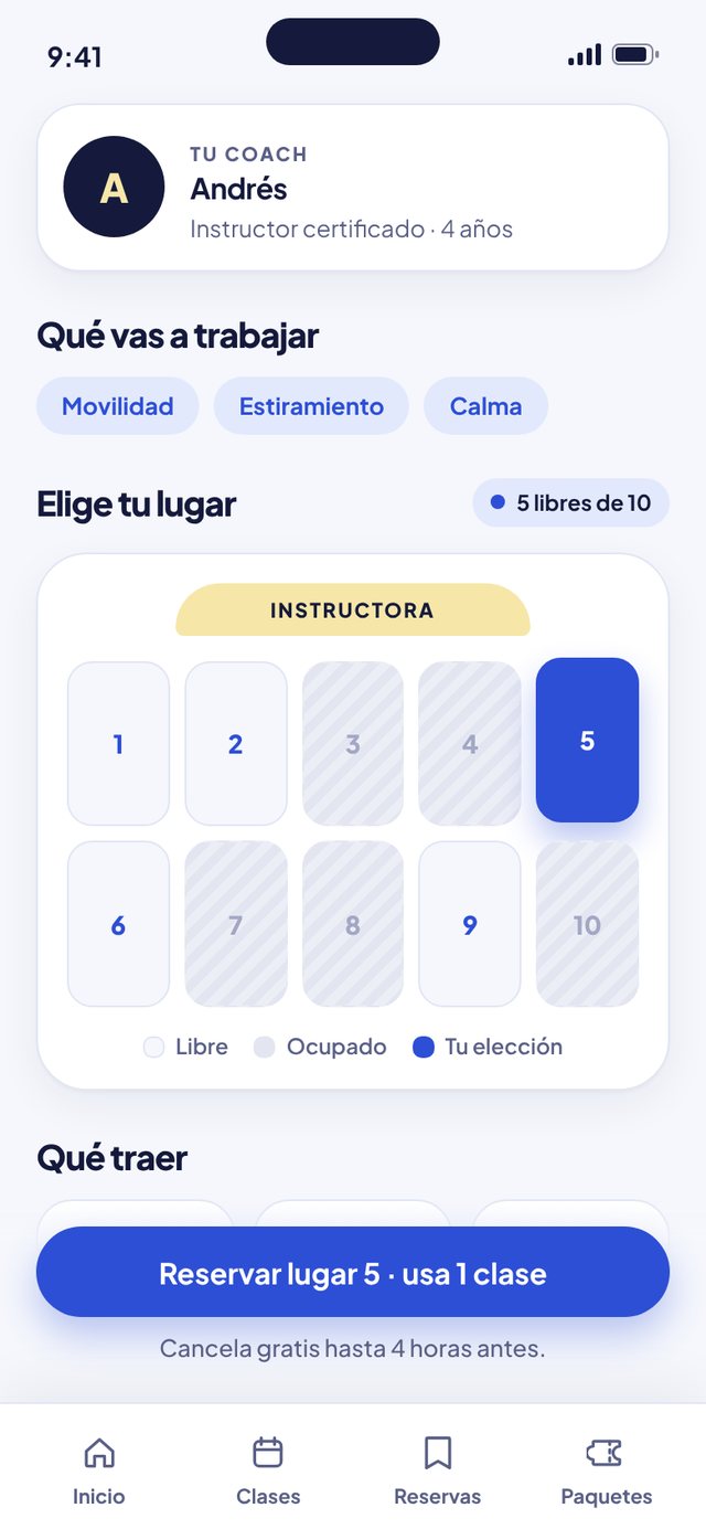 Pantalla «Elige tu lugar» de la app Aire. Un mapa del estudio para escoger dónde ponerte.