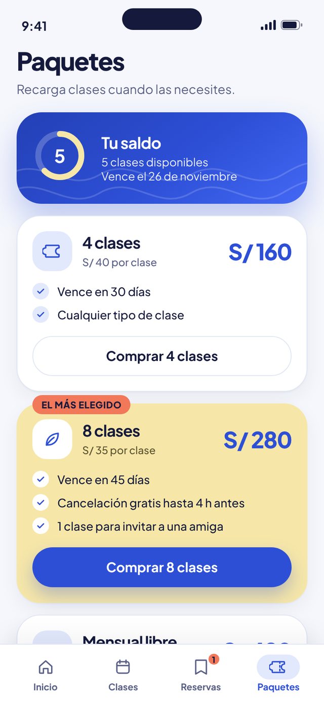 Pantalla «Paquetes» de la app Aire. Saldo visible y tres opciones, con la más elegida destacada.