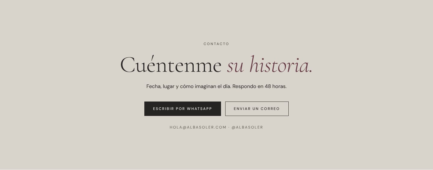 Cierre de Alba Soler con el titular «Cuéntenme su historia» y botones de WhatsApp y correo.