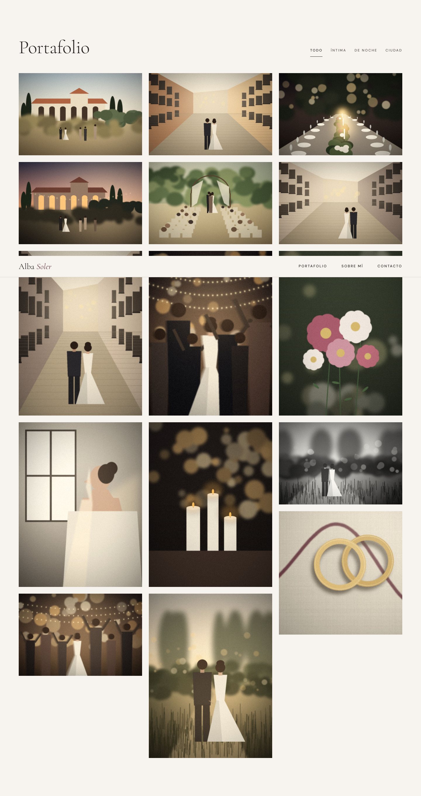 Galería de portafolio de Alba Soler en tres columnas, con filtros por historia.