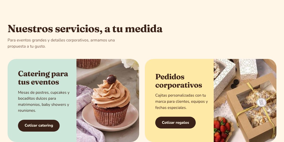 Sección de servicios de Almíbar: catering para eventos y pedidos corporativos.