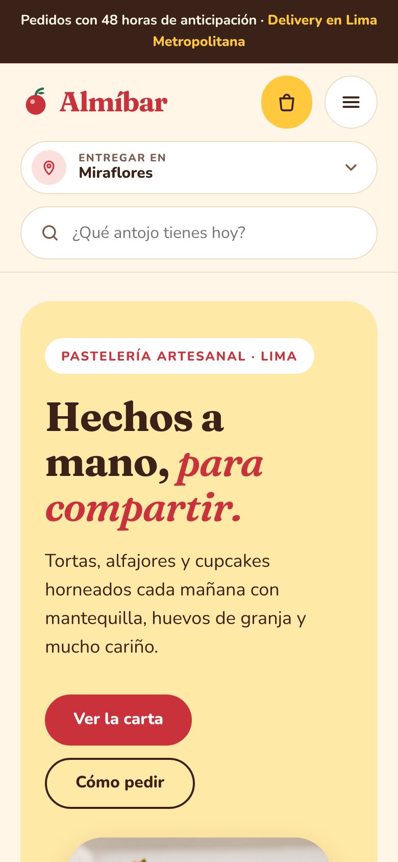 Portada de Almíbar en móvil, con selector de distrito, buscador y titular «Hechos a mano, para compartir».