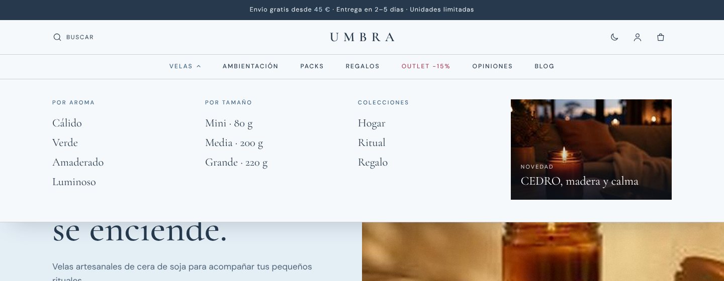 Menú «Velas» desplegado en UMBRA con aromas, tamaños, colecciones y una novedad destacada.