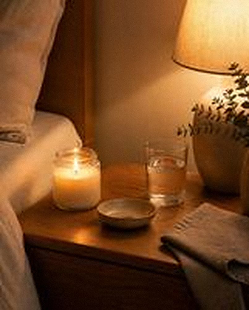 Mesa de noche cálida con una vela encendida